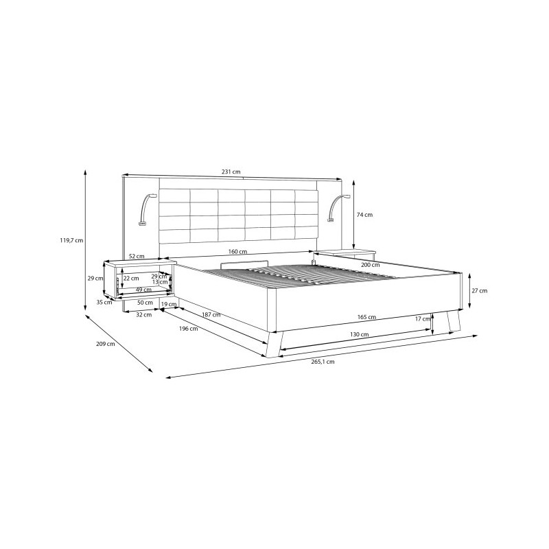 Łóżko z pojemnikiem i szafkami nocnymi Ricciano RCQL2164B piaskowy/dąb klepkowy