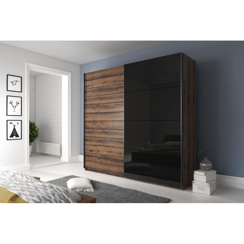 Szafa przesuwna 200 cm z lustrem Galaxy Dąb Monastery/Czarne Szkło Helvetia Wieruszów