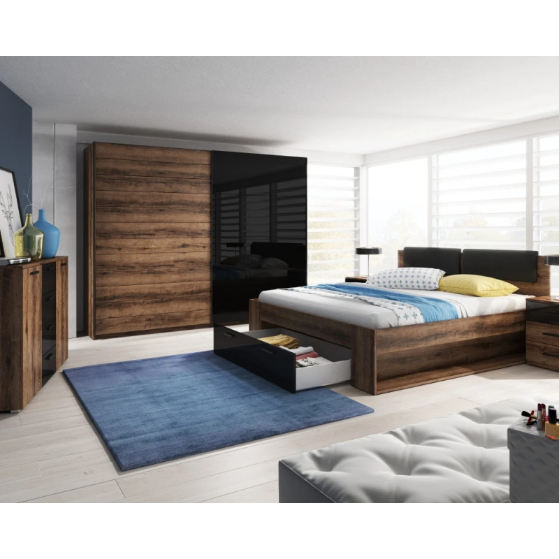 Szafa przesuwna 220 cm z lustrem Galaxy Dąb Monastery/Czarne Szkło Helvetia Wieruszów