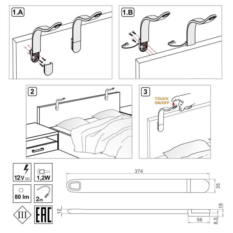Oświetlenie do łóżka LED naturalne z USB A Jukon S Helvetia Wieruszów