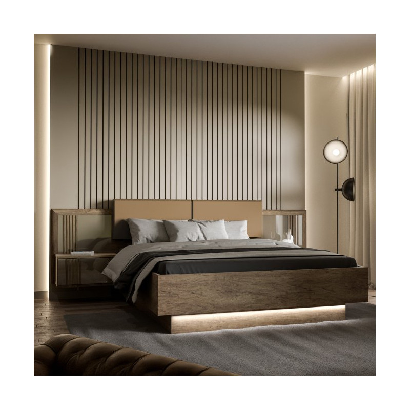 Łóżko z szafkami nocnymi i oświetleniem Savona SVNL1162B dąb antyczny/beżowy