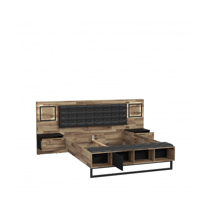 Łóżko z szafkami nocnymi i oświetleniem Sirius Crown SRCL1161B dąb czarny/dąb klepkowy