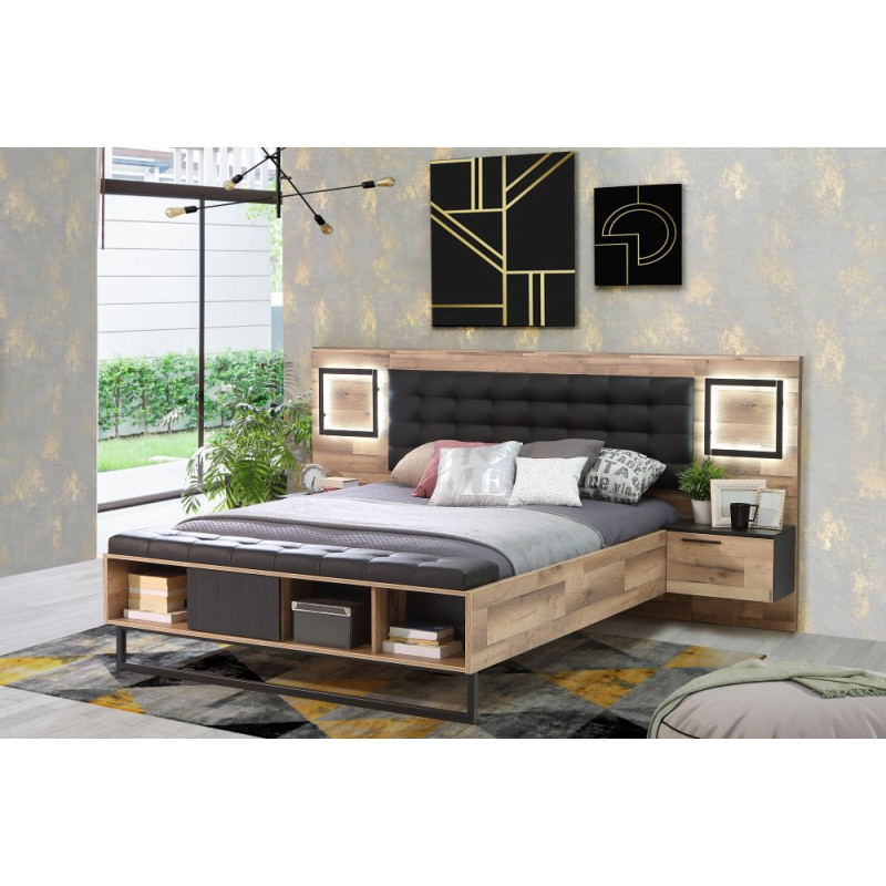 Łóżko z szafkami nocnymi i oświetleniem Sirius Crown SRCL1161B dąb klepkowy/dąb klepkowy