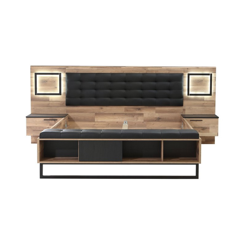 Łóżko z szafkami nocnymi i oświetleniem 180x200 cm Sirius Crown SRCL1181B dąb czarny/dąb klepkowy