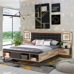 Łóżko z szafkami nocnymi i oświetleniem 180x200 cm Sirius Crown SRCL1181B dąb klepkowy/dąb czarny