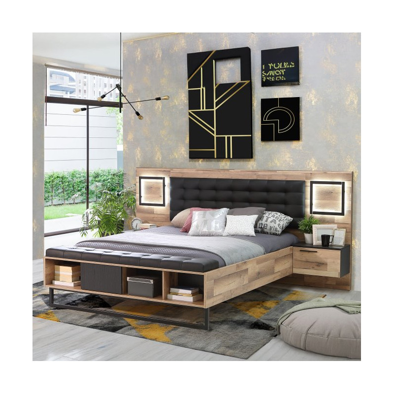 Łóżko z szafkami nocnymi i oświetleniem 180x200 cm Sirius Crown SRCL1181B dąb klepkowy/dąb czarny