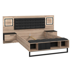 Łóżko z szafkami nocnymi i oświetleniem 140x190 cm Sirius Crown SRCL1141B dąb czarny/śliwa comano