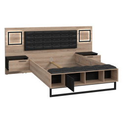 Łóżko z szafkami nocnymi i oświetleniem 140x190 cm Sirius Crown SRCL1141B dąb czarny/śliwa comano