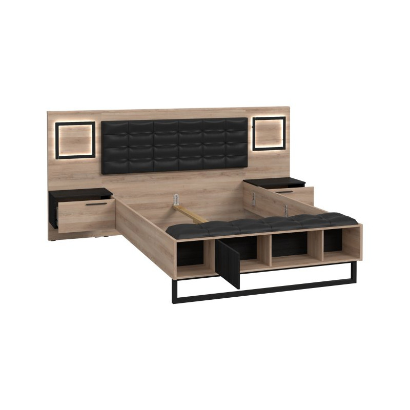 Łóżko z szafkami nocnymi i oświetleniem 140x190 cm Sirius Crown SRCL1141B dąb czarny/śliwa comano