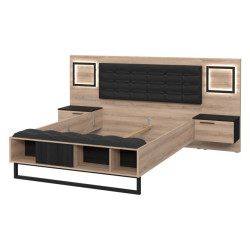 Łóżko z szafkami nocnymi i oświetleniem 140x190 cm Sirius Crown SRCL1141B dąb czarny/śliwa comano