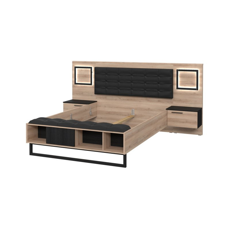 Łóżko z szafkami nocnymi i oświetleniem 140x190 cm Sirius Crown SRCL1141B dąb czarny/śliwa comano