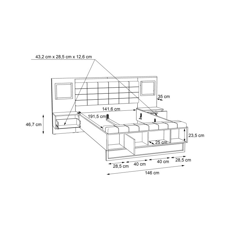 Łóżko z szafkami nocnymi i oświetleniem 140x190 cm Sirius Crown SRCL1141B dąb czarny/śliwa comano