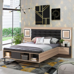 Łóżko z szafkami nocnymi i oświetleniem 140x190 cm Sirius Crown SRCL1141B dąb czarny/śliwa comano