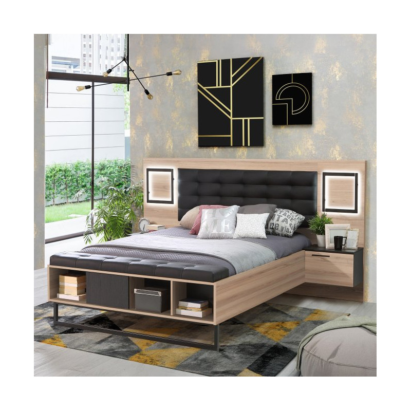 Łóżko z szafkami nocnymi i oświetleniem 140x190 cm Sirius Crown SRCL1141B dąb czarny/śliwa comano