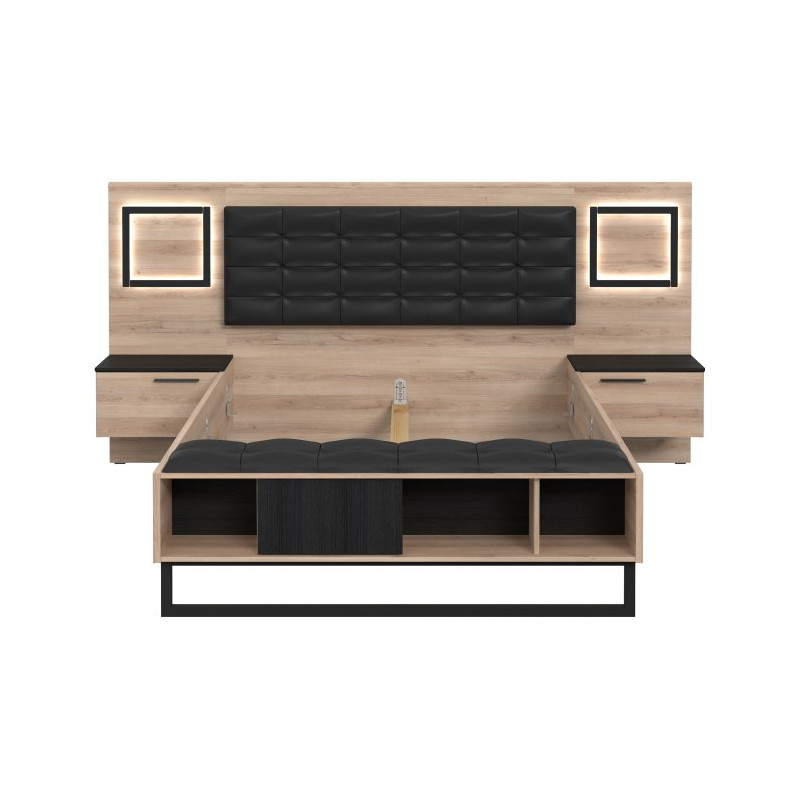 Łóżko z szafkami nocnymi i oświetleniem 140x190 cm Sirius Crown SRCL1141B dąb czarny/śliwa comano