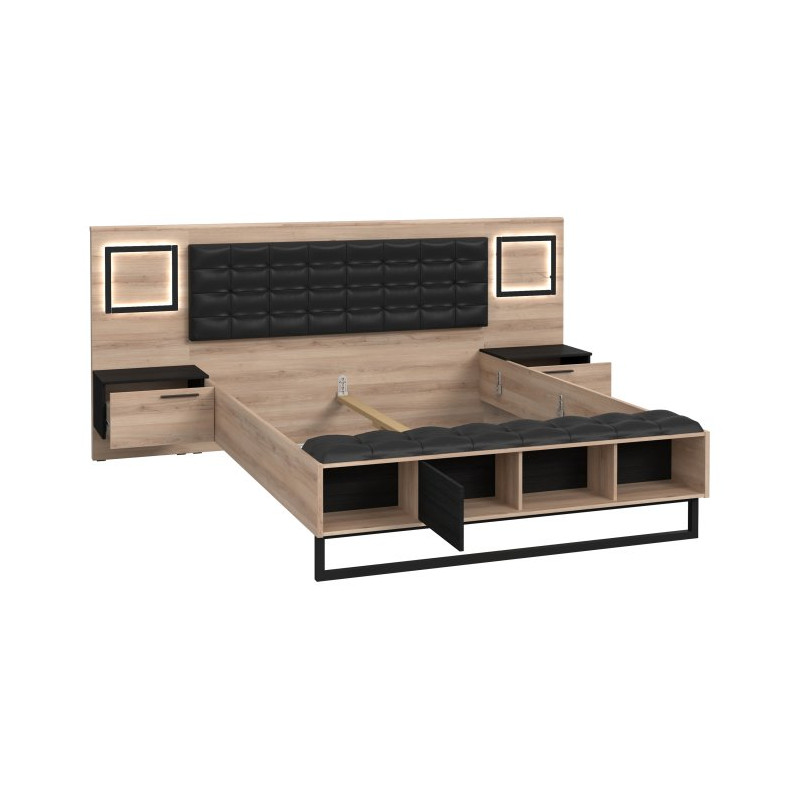 Łóżko z szafkami nocnymi i oświetleniem 160x200 cm Sirius Crown SRCL1161B dąb czarny/śliwa comano
