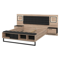 Łóżko z szafkami nocnymi i oświetleniem 160x200 cm Sirius Crown SRCL1161B dąb czarny/śliwa comano