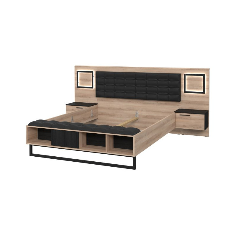 Łóżko z szafkami nocnymi i oświetleniem 160x200 cm Sirius Crown SRCL1161B dąb czarny/śliwa comano