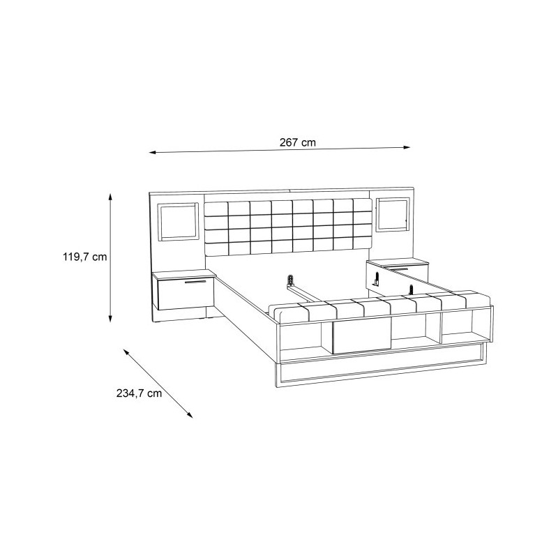 Łóżko z szafkami nocnymi i oświetleniem 160x200 cm Sirius Crown SRCL1161B dąb czarny/śliwa comano