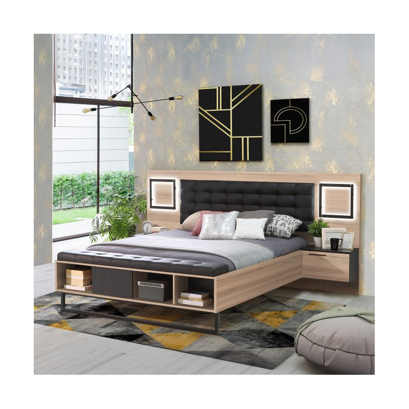 Łóżko z szafkami nocnymi i oświetleniem 160x200 cm Sirius Crown SRCL1161B dąb czarny/śliwa comano