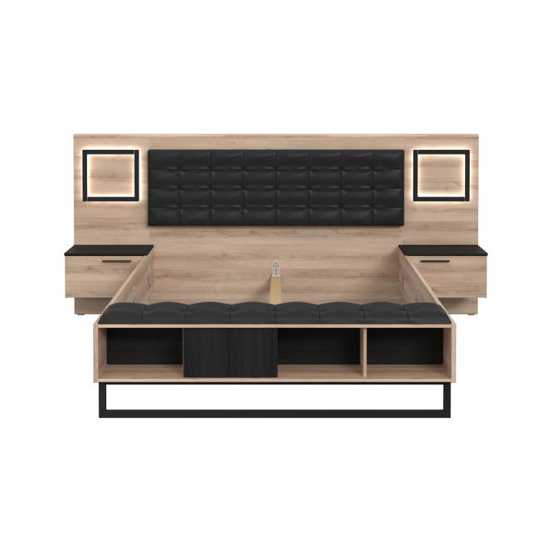 Łóżko z szafkami nocnymi i oświetleniem 160x200 cm Sirius Crown SRCL1161B dąb czarny/śliwa comano