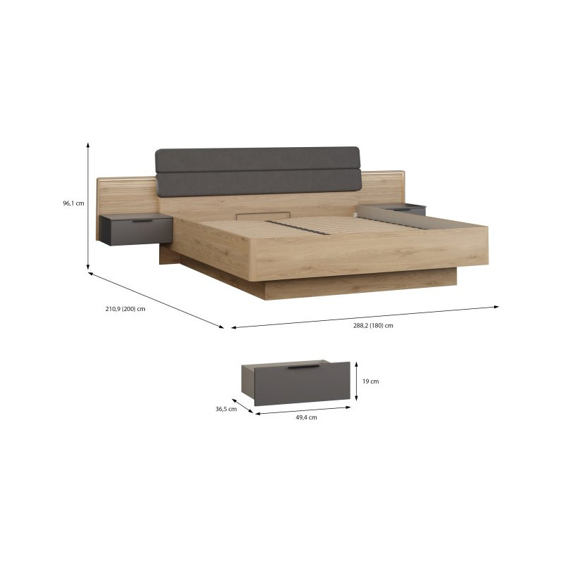 Łóżko z podnoszonym wkładem 180x200 cm Vulpecula VULL1182B dąb dziki naturalny/uni wolfram szary