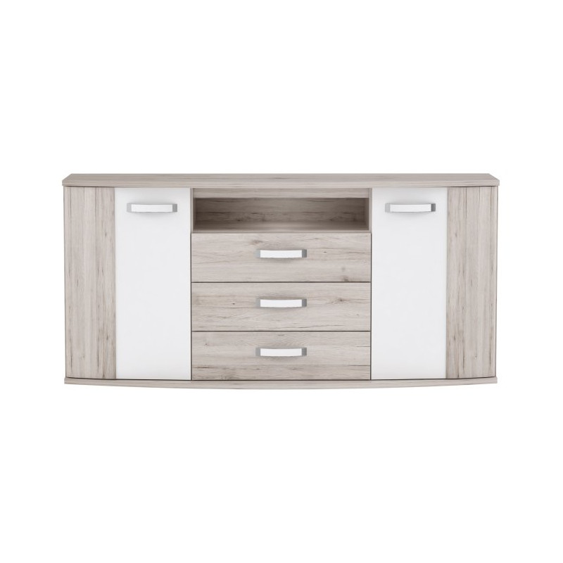 Szeroka komoda do sypialni Rondino RDIK231B dąb piaskowy/biały połysk