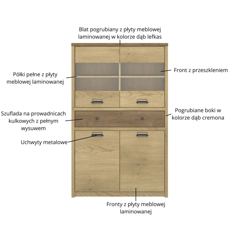 Witryna czterodrzwiowa z szufladą Denzel Dąb Cremona/Dąb Lefkas Mebelbos