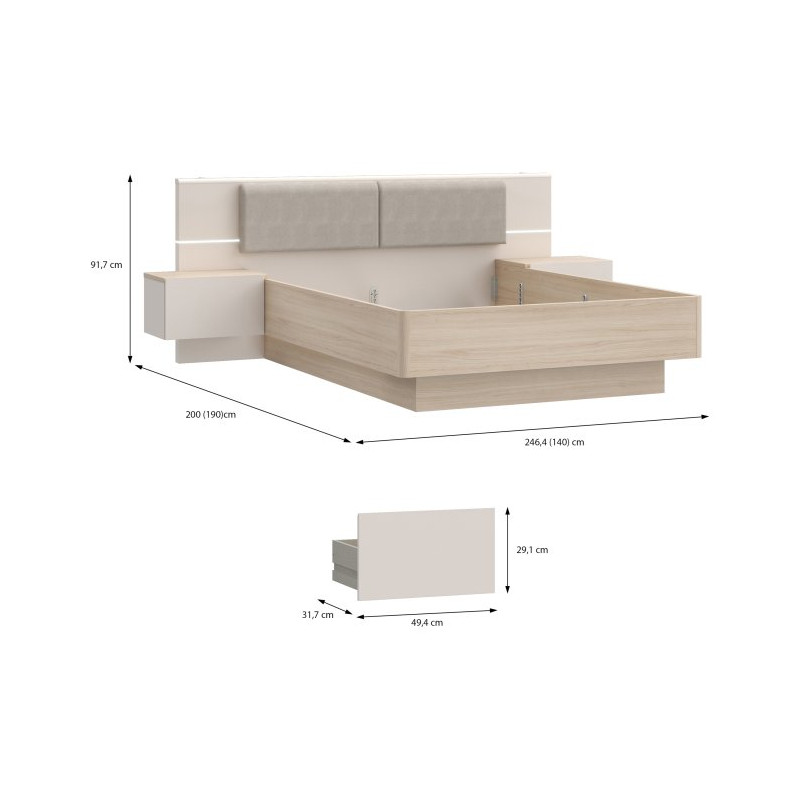 Łóżko z szafkami nocnymi 140x190 cm Panoptik PNPL3141B dąb riva/piaskowy