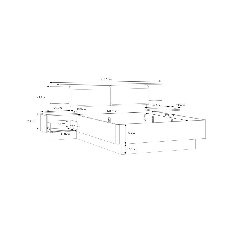 Łóżko z szafkami nocnymi 140x190 cm Panoptik PNPL3141B dąb riva/piaskowy