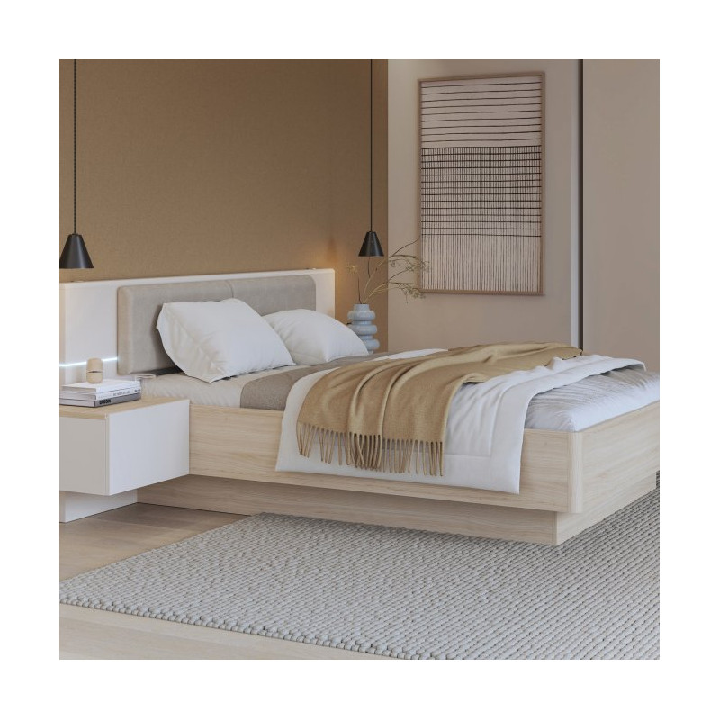 Łóżko z szafkami nocnymi 140x190 cm Panoptik PNPL3141B dąb riva/piaskowy