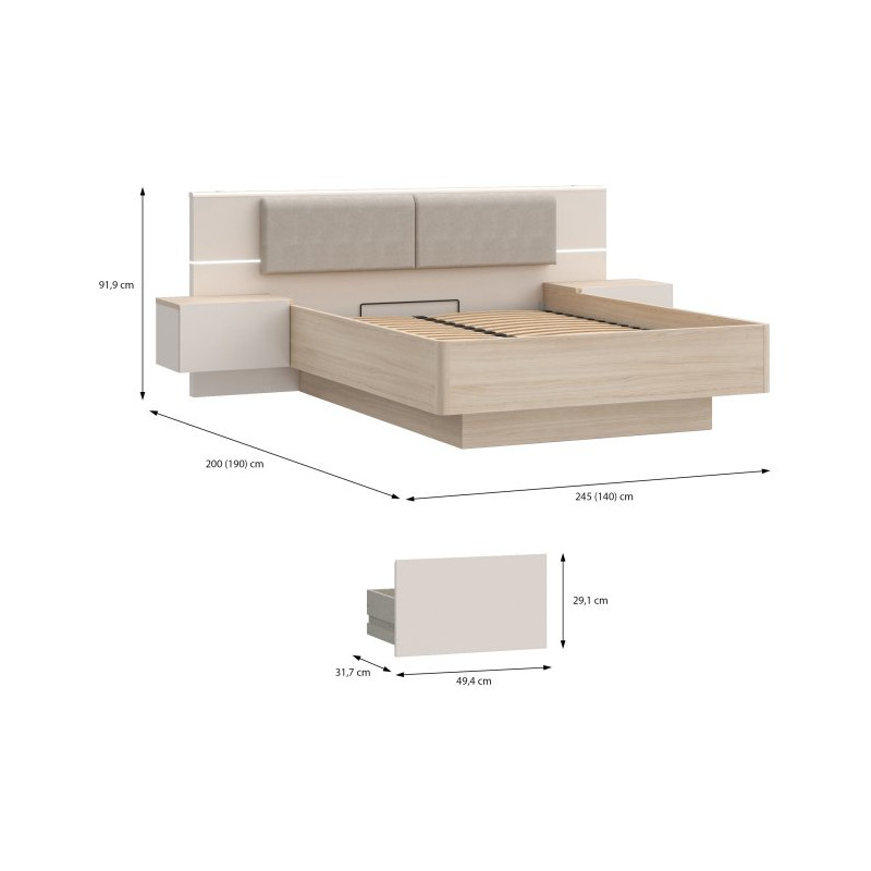 Łóżko z szafkami nocnymi i pojemnikiem 140x190 cm Panoptik PNPL3142B dąb riva/piaskowy