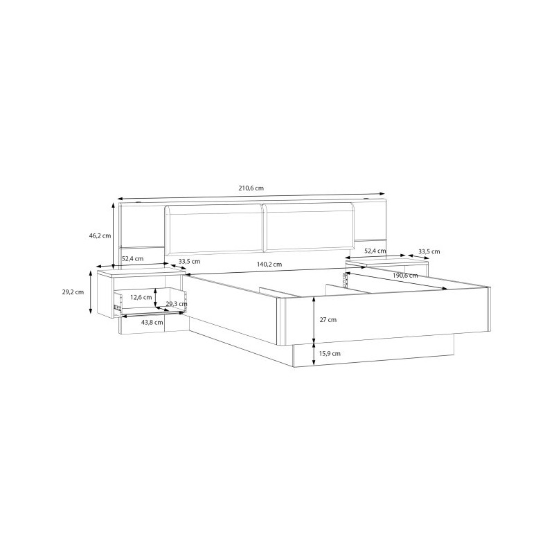 Łóżko z szafkami nocnymi i pojemnikiem 140x190 cm Panoptik PNPL3142B dąb riva/piaskowy