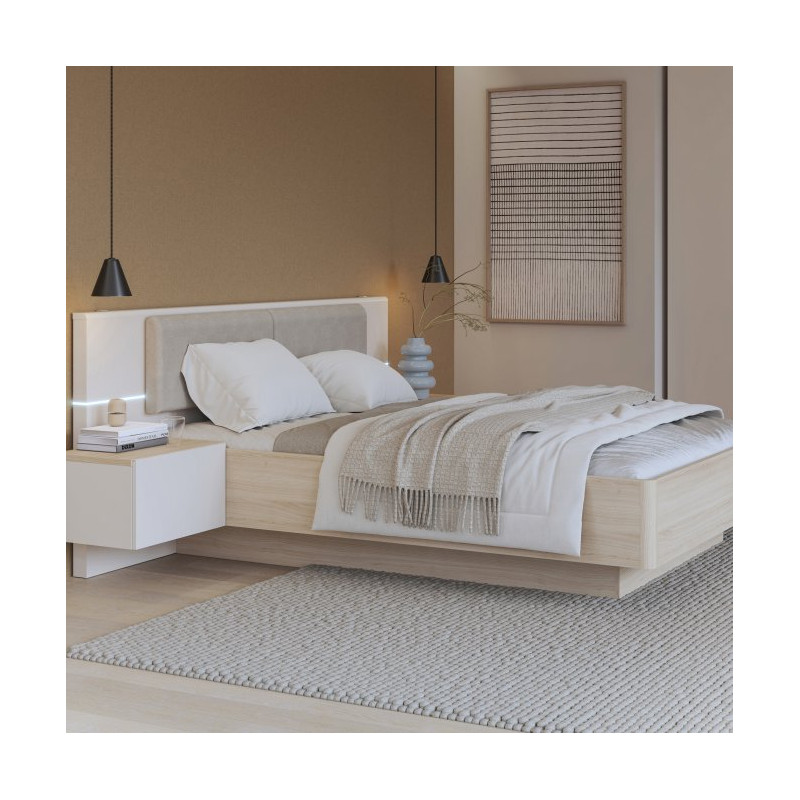 Łóżko z szafkami nocnymi i pojemnikiem 140x190 cm Panoptik PNPL3142B dąb riva/piaskowy