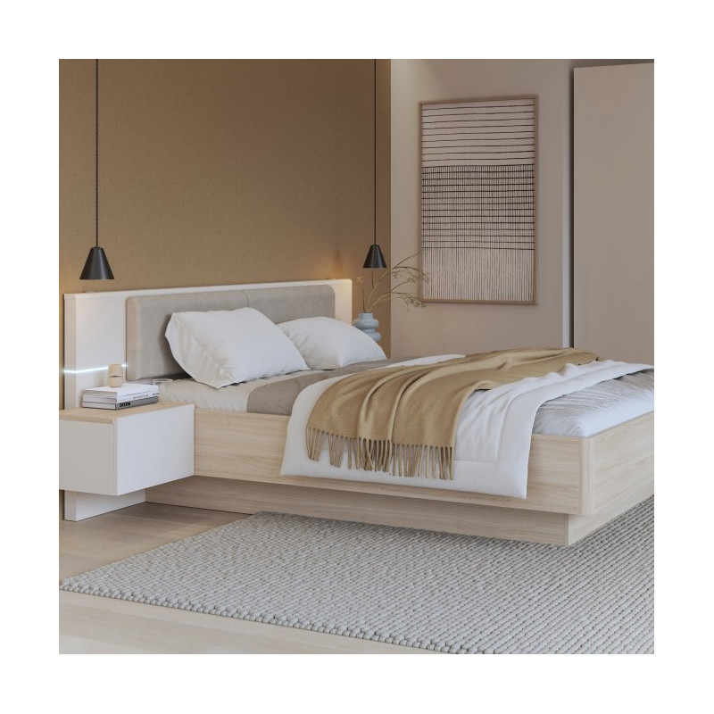 Łóżko z szafkami nocnymi 160x200 cm Panoptik PNPL3161B dąb riva/piaskowy