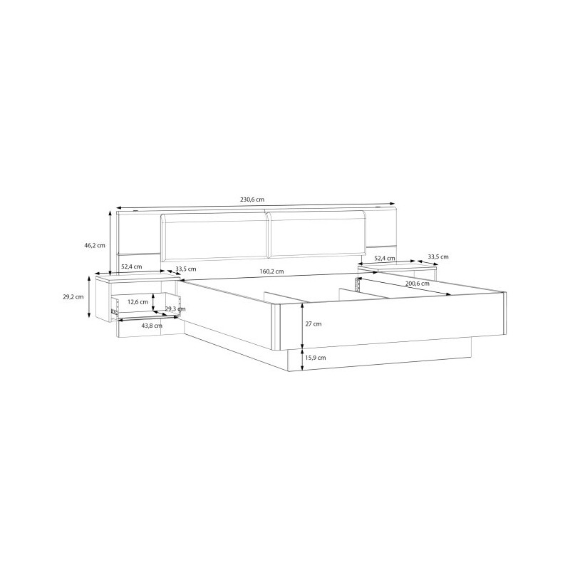 Łóżko z szafkami nocnymi i pojemnikiem 160x200 cm Panoptik PNPL3162B dąb riva/piaskowy