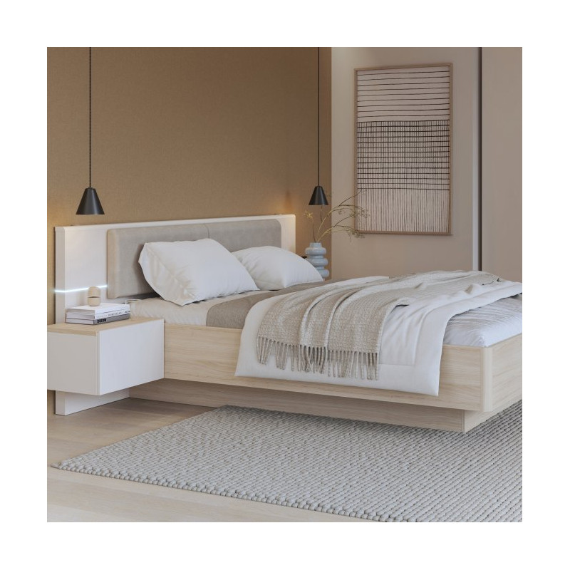 Łóżko z szafkami nocnymi i pojemnikiem 160x200 cm Panoptik PNPL3162B dąb riva/piaskowy