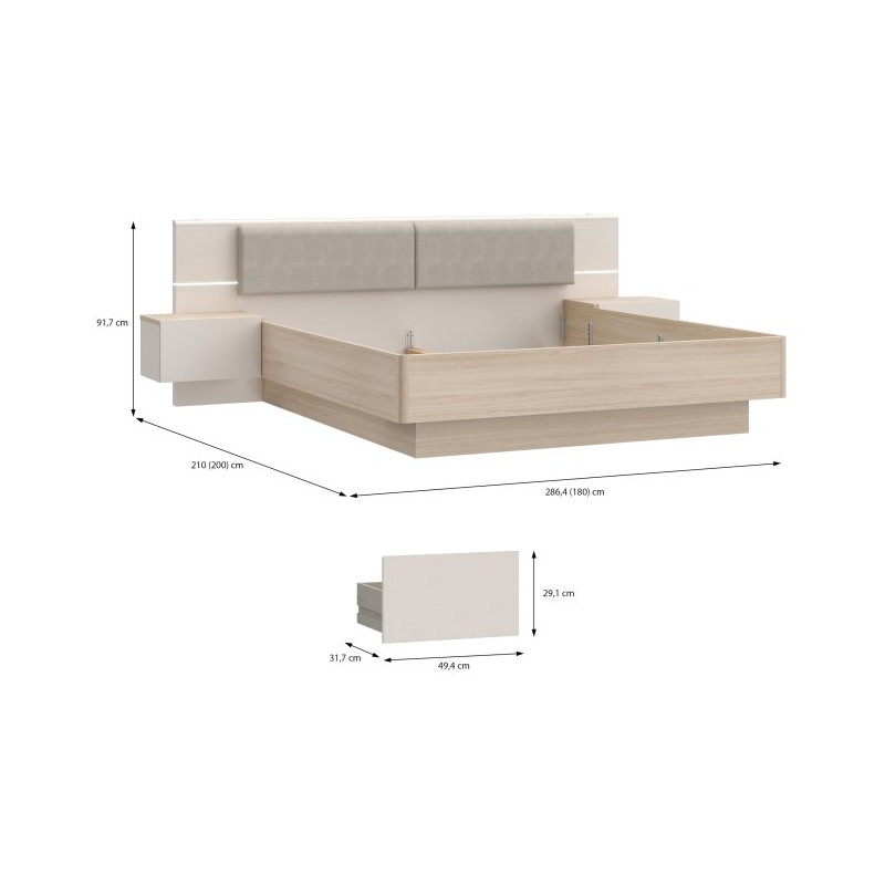 Łóżko z szafkami nocnymi 180x200 cm Panoptik PNPL3181B dąb riva/piaskowy