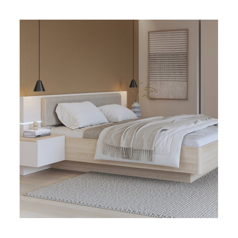 Łóżko z szafkami nocnymi i pojemnikiem 180x200 cm Panoptik PNPL3182B dąb riva/piaskowy