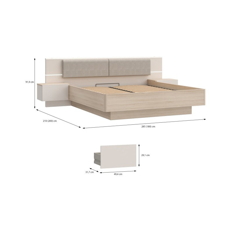 Łóżko z szafkami nocnymi i pojemnikiem 180x200 cm Panoptik PNPL3182B dąb riva/piaskowy