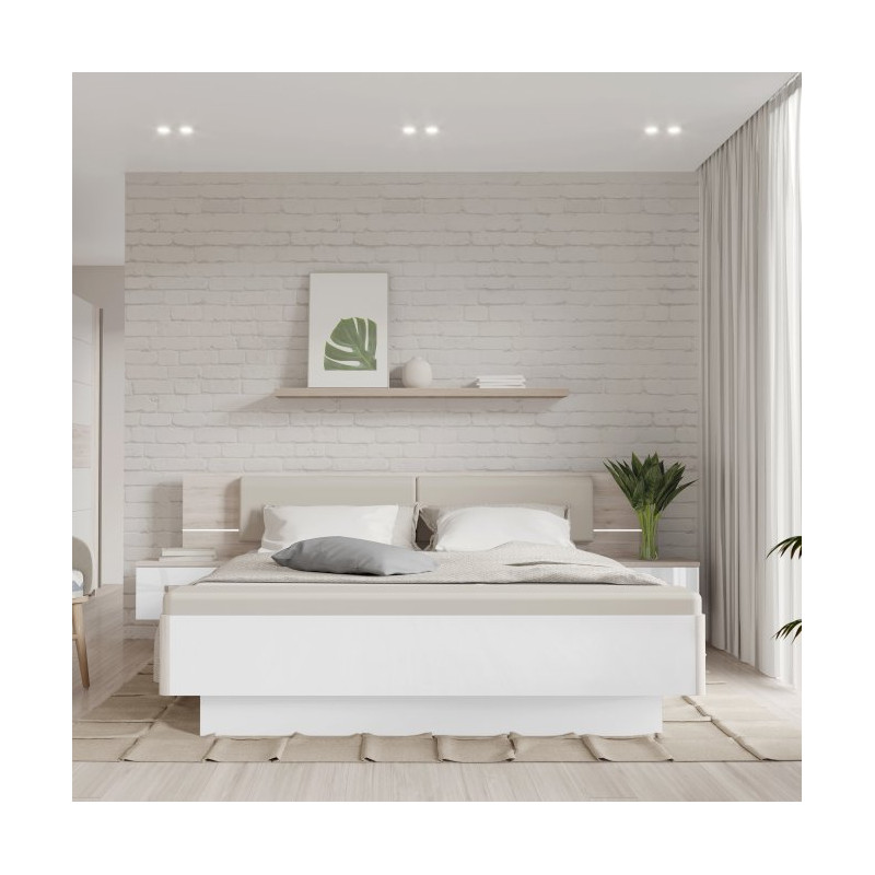 Łóżko z oświetleniem i szafkami nocnymi 180x200 cm Rondino RDNL1811BT dąb piaskowy/biały