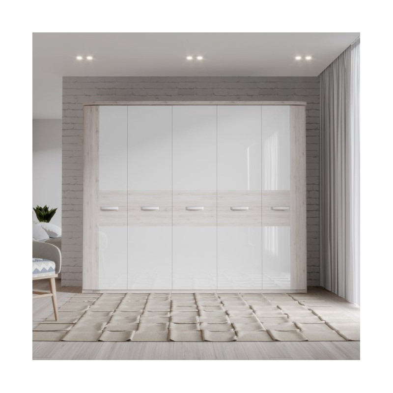 Duża szafa ubraniowa 250 cm Rondino RDNS951T dąb piaskowy/biały połysk