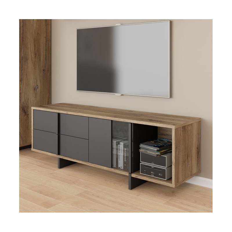 Szafka RTV 160 cm z szufladami Jokkaz JKZT121L dąb flagstaff/czarny