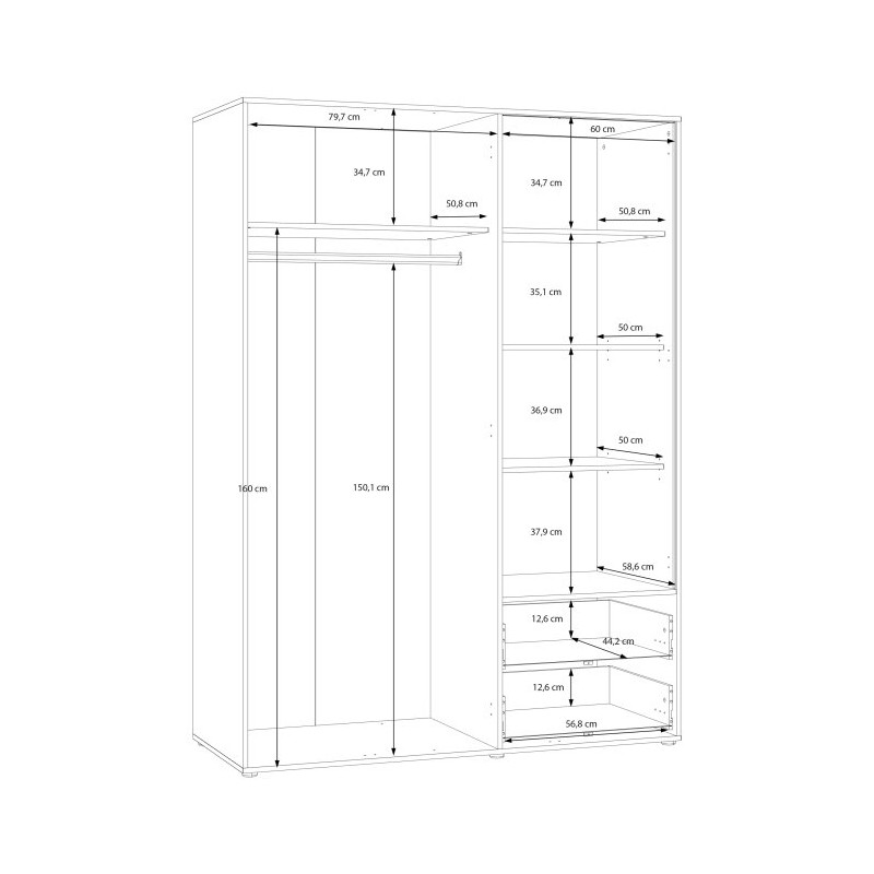 Szafa otwierana 150 cm z szufladami Orkney OKYS831 dąb mauvella