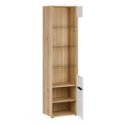 Wąska witryna do salonu jadalni Orkney OKYV711 dąb mauvella/biały połysk