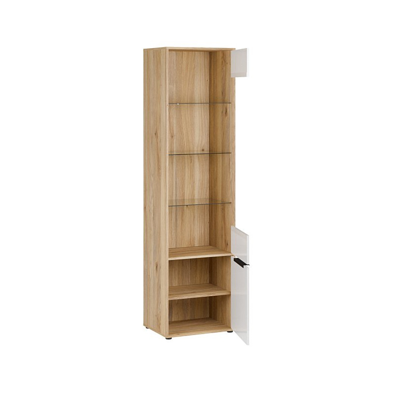 Wąska witryna do salonu jadalni Orkney OKYV711 dąb mauvella/biały połysk