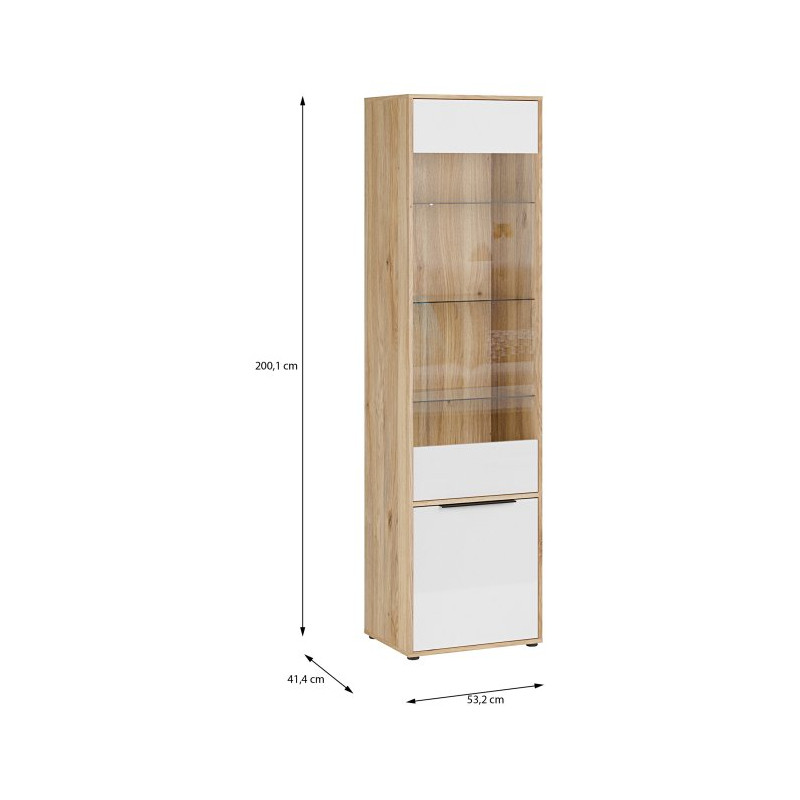 Wąska witryna do salonu jadalni Orkney OKYV711 dąb mauvella/biały połysk