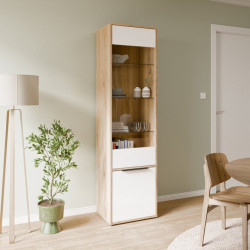 Wąska witryna do salonu jadalni Orkney OKYV711 dąb mauvella/biały połysk