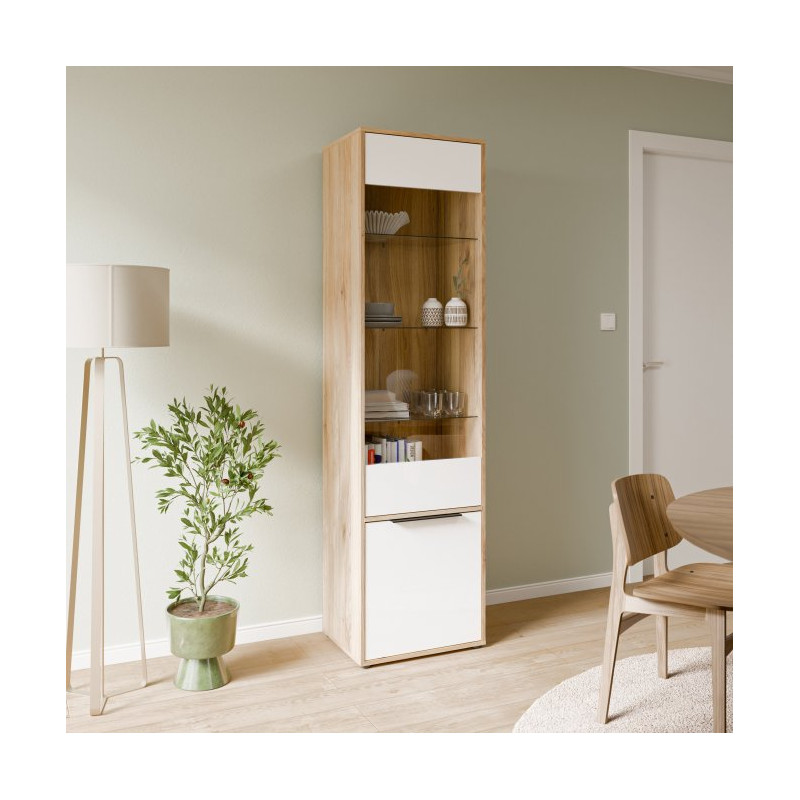 Wąska witryna do salonu jadalni Orkney OKYV711 dąb mauvella/biały połysk
