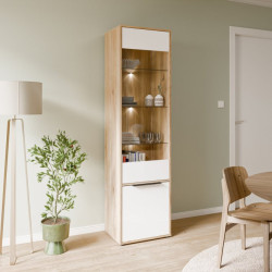 Wąska witryna do salonu jadalni Orkney OKYV711 dąb mauvella/biały połysk